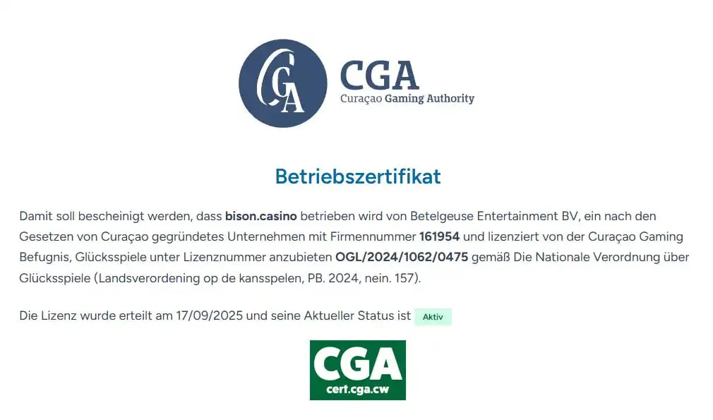 Curaçao Gaming Authority-certificaat voor bison.casino met licentienummer en actieve status