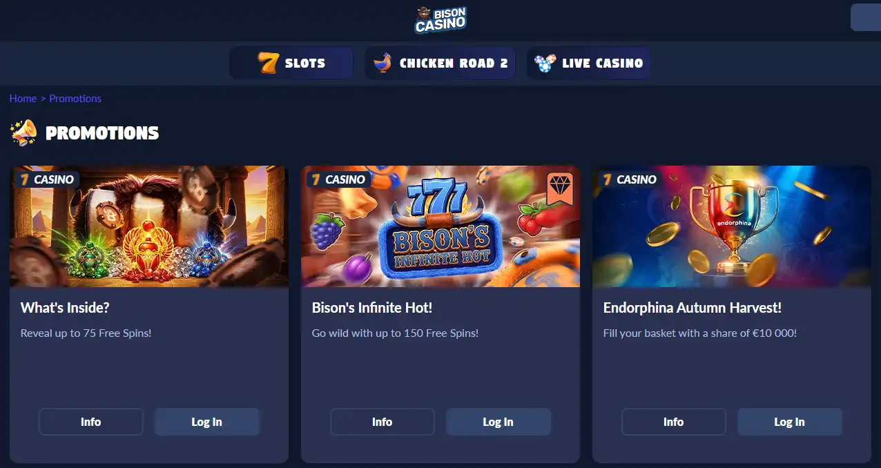Bison Casino promotiepagina met welkomstaanbod en promotieoverzicht