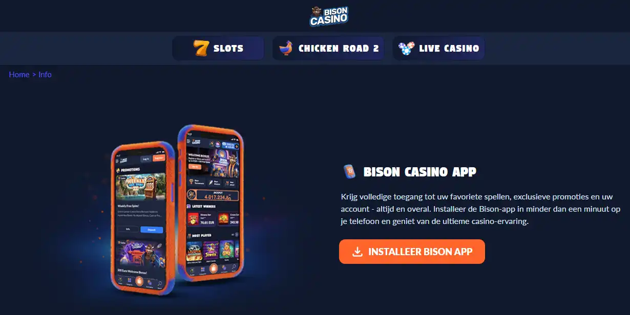 Bison Casino mobiele pagina met iOS- en Android-installatie-instructies