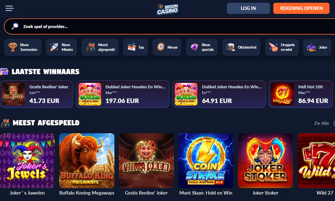 Bison Casino game lobby met spelcategorieën en providercontext