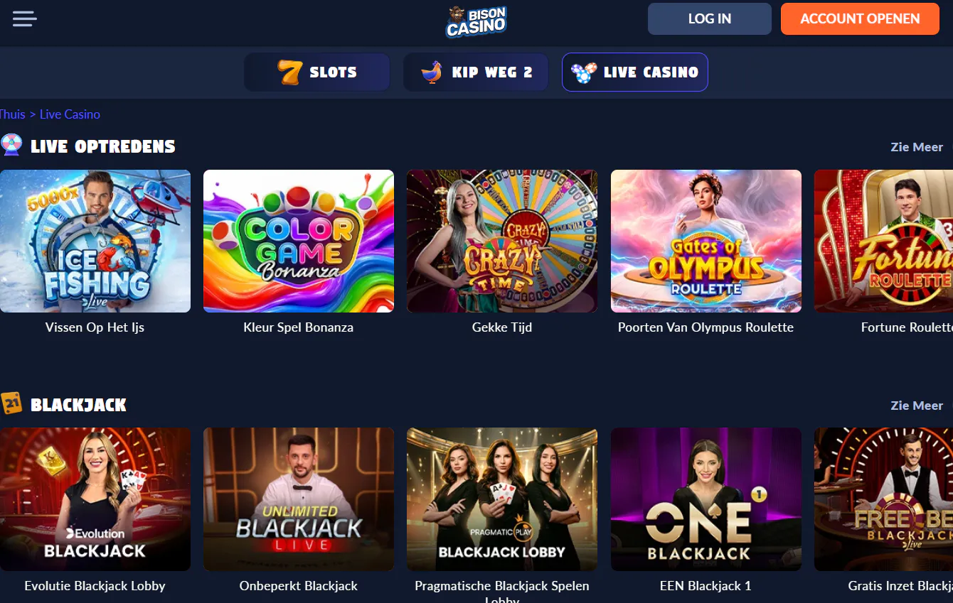 Bison Casino Live Casino-sectie met live tafels en categorieën