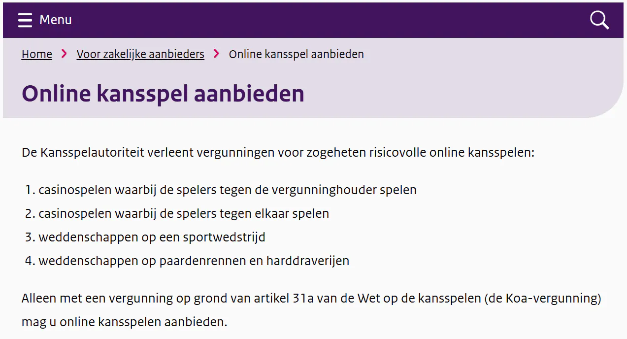 Kansspelautoriteit-pagina over online kansspelen en het Koa-vergunningsvereiste