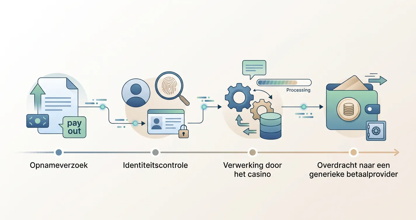 Redactionele illustratie van een opnameproces met verificatie, casinoverwerking en betaalprovider als afzonderlijke stappen