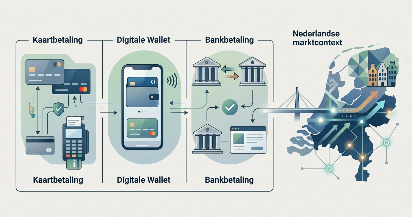 Redactionele illustratie van betaalcategorieën zoals kaart, digitale wallet en bankbetaling naast een aparte Nederlandse marktcontext
