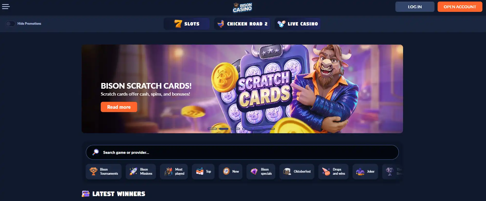 Actuele Bison Casino-homepage met merknaam en hoofdnavigatie
